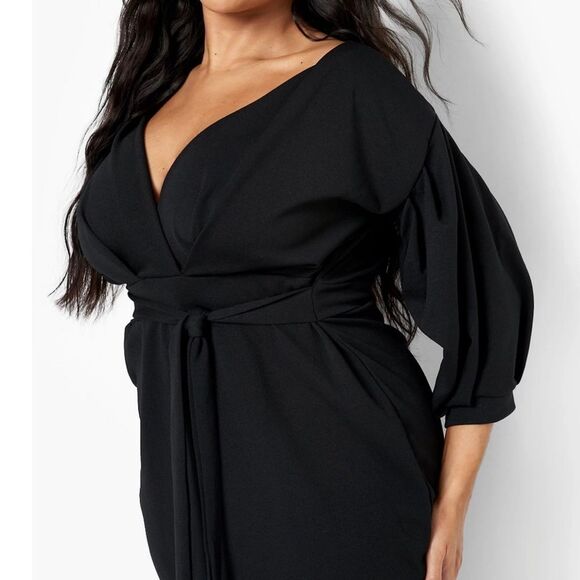 Missguided plus black long sleeve wrap belted midi dress size 18 NWT - Picture 2 of 12